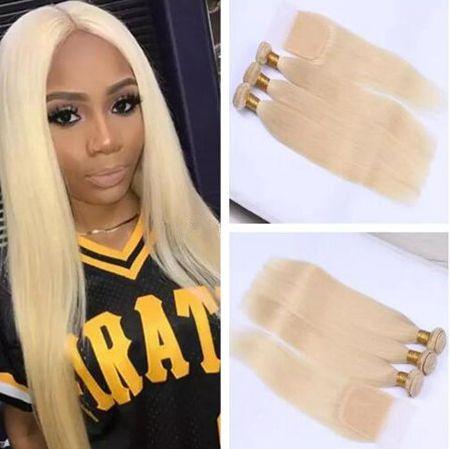 9A Grade 3 Bundles Hair With Free Part 4*4inch lace Closure Color 613# Blonde Russian Human Hair Straight Extensions