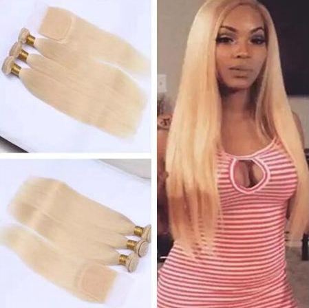 613 Straight Hair Weaves With Lace Closure With Bundles Blonde Human Hair Wefts With 4*4 Top Closure