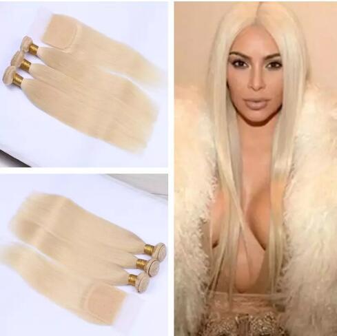 613 Blonde Virgin Hair With Closure Human Hair Straight Platinum 3pcs Blonde Virgin Hair Bundles With Lace Closure