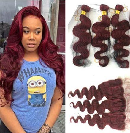 99J Body Wave Hair With 13X4 Lace Frontal Closure Burgundy Brazilian Human Hair Bundles With Closure Wine Red Wavy Hair