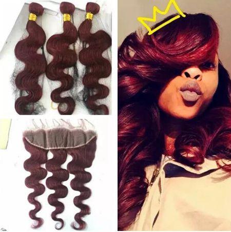 Brazilian Burgundy Hair With Frontal Closure 13x4 inch Body Wave #99J Wine Red Human Hair Bundles With Ear to Ear Lace Frontal