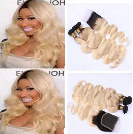 1b 613 Blonde Ombre Hair With Closure Platinum Blonde Hair Bundles With Lace Closure Peruvain Virgin Body Wave Hair