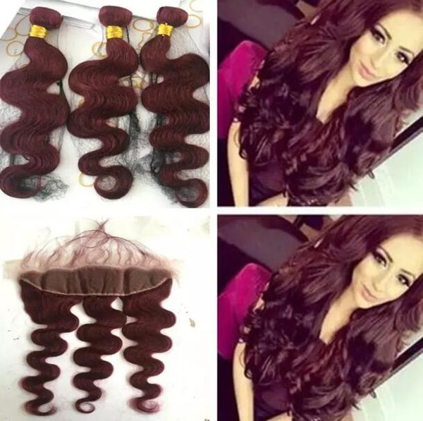 9A Brazilian Burgundy Hair With Lace Frontal Closure 13x4'' Body Wave #99J Wine Red Human Hair Bundles With Ear to Ear Full Frontals