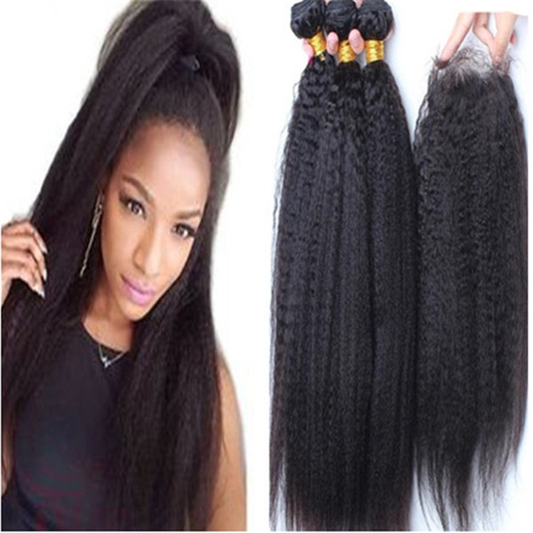 10A Mongolian Kinky Straight Human Hair With Closure Free Part Italian Coarse Yaki Lace Closure With Bundles 4pcs lot