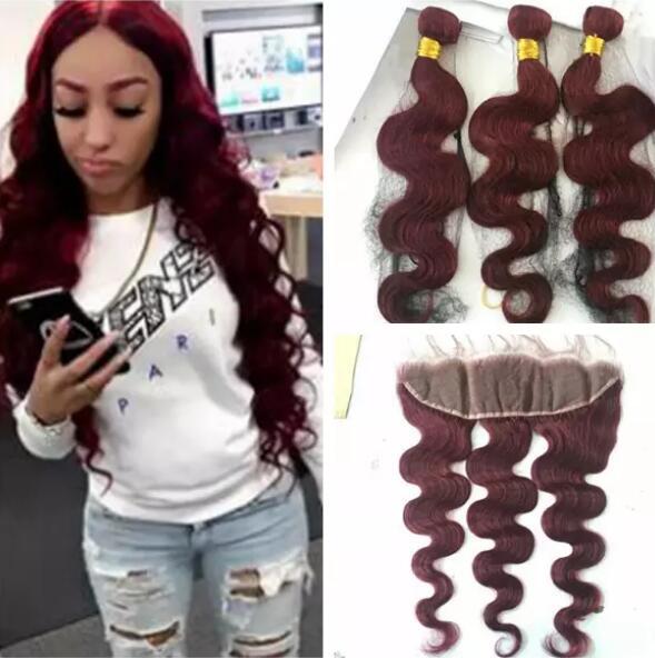 9A Brazilian Burgundy Virgin Hair with Lace Frontal Closure Color 99J Wine Red Body Wave Human Hair Weaves With Lace Frontal