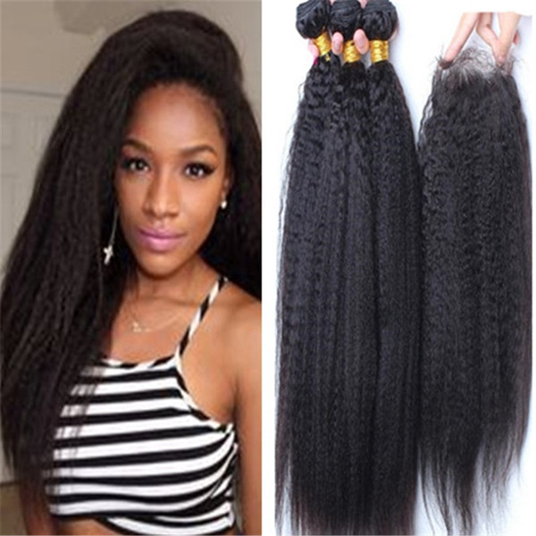 8A Grade Brazilian Afro Kinky Straight Hair With Closure 4Pcs Lot Italian Coarse Yaki Lace Top Closure Pieces 4x4 With Human Hair Bundles