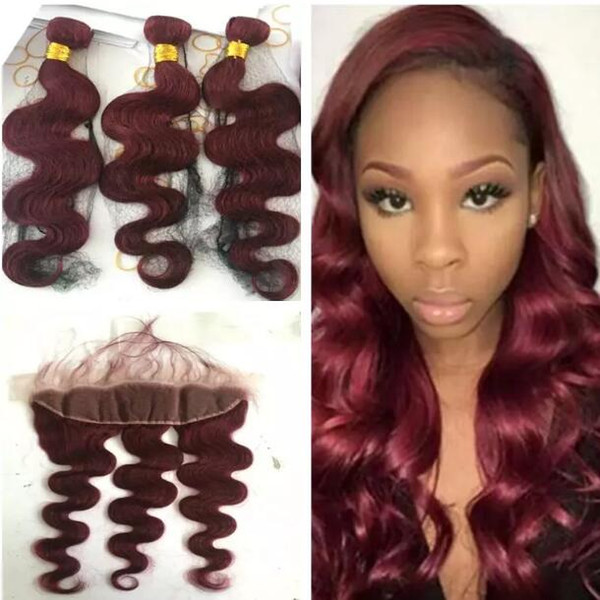 99j Burgundy Body Wave With Frontal Closure Brazilian Burgundy 99j Human Hair Weaves With Lace Frontal 4Pcs Lot