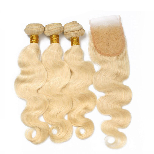 #613 brazilian Blonde Virgin Hair Weaves With Lace Closure 4*4 Free Part Top Closure With Bundles Platinum Blonde Body Wave Human Hair Weave