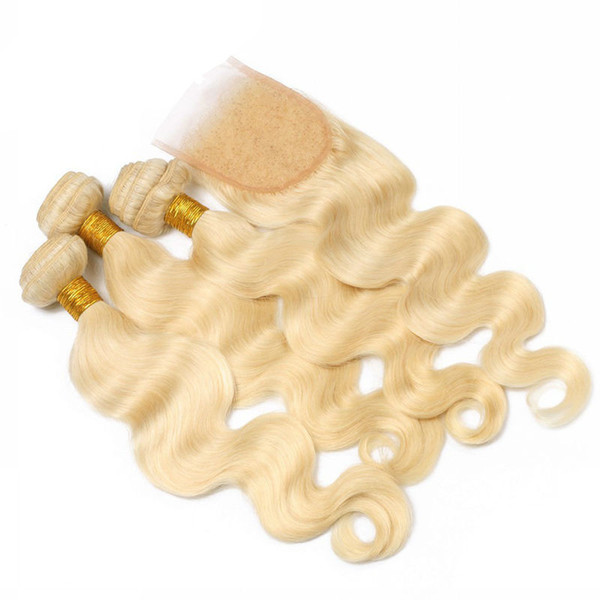 4Pcs Lot Brazilian blonde hair with closure bundle Body Wave Human Hair Weft with Lace closures Body Wave Blonde Wavy hair with closures