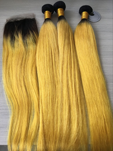 Brazilian Straight Ombre Human Hair Weaves with 4x4 Lace Closure Human Hair Weaves Ombre Yellow Hair Weft with closure