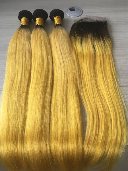 Dark Root Yellow Straight Ombre Human Hair Weave 3 Bundles with Lace Closure Brazilian Virgin Hair Extensions