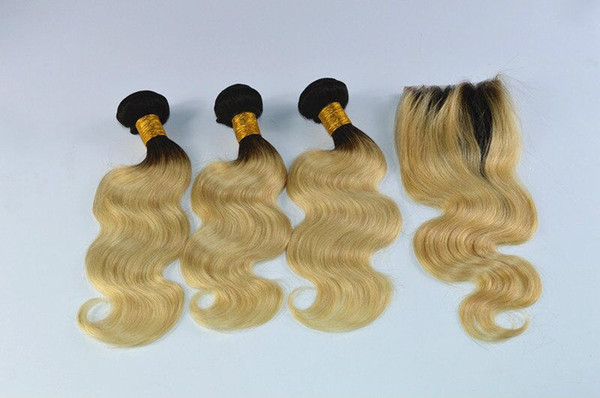 Two Tone Ombre Human Hair With Closure Cheap Blonde 1B 613 Brazilian Hair With 4X4 Closure Wet And Wavy Hair 3Pcs With Closure