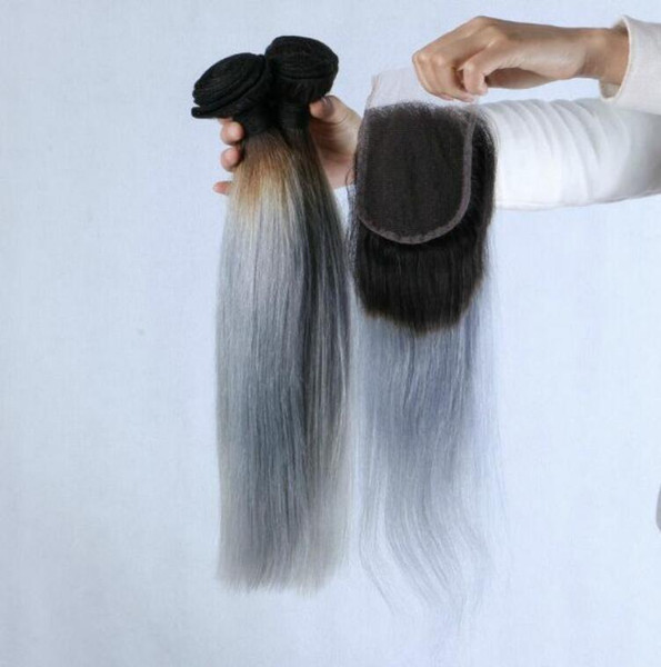 Peruvian Silver Grey Ombre Hair With Closure 4Pcs Lot 9A Grade 1B Grey Ombre Human Hair 3Bundles With 1Pc Straight 4x4 Lace Closure