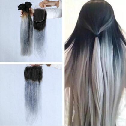 1B Grey Color Sliver Gray Ombre Hair Weave Straight Human Hair Sliver Grey Lace Closure with Free Part