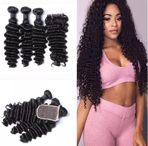 3 Bundles Cambodian Curly Virgin Human Hair Weaves With Closure Unprocessed Cambodian Deep Curly Hair And Lace Closures Natural Color