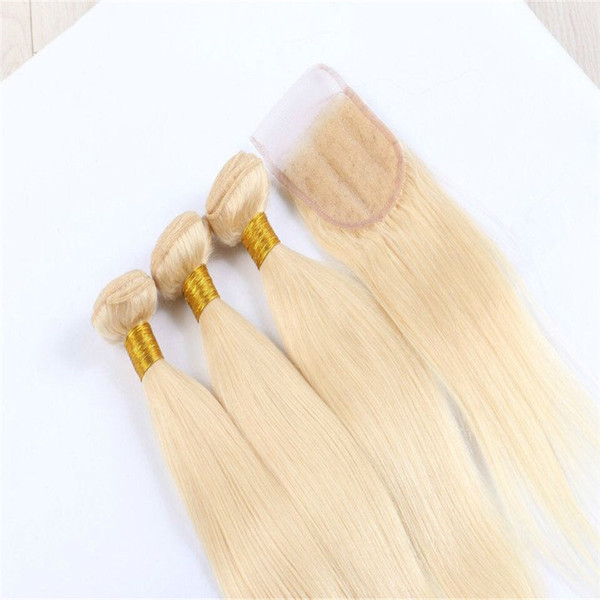 8A Brazilian Hair With Closure 613# Blonde Brazilian Hair Weave Bundle 1Pc Lace Closure With 3PCS bundles platinum blonde weave