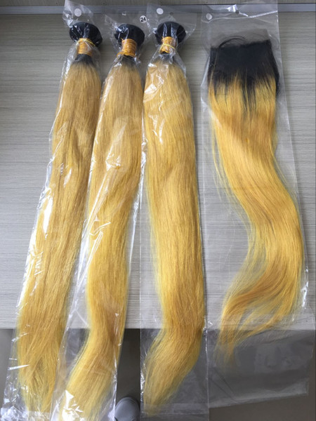 3 Bundles With Closure Peruvian Straight Hair Ombre Yellow Virgin Hair with closure Ombre Human Hair Brazilian Straight Bundles