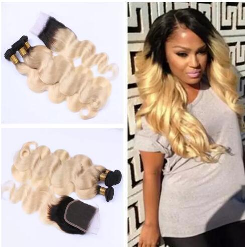 613 Ombre Body Wave Virgin Hair Bundles With Lace Closure Dark Roots Blonde Brazilian Human Hair Weaves With Lace Closure