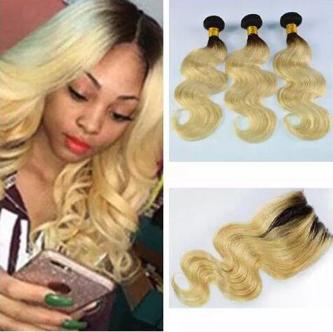 9A Ombre Russian Hair Body Wave With Closure Two Tone 1B 613 Blonde Dark Roots Ombre Human Hair Bundles With Lace Closure