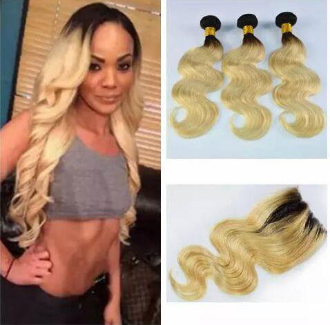 Blonde Ombre Hair Weave Bundles with Closure 2 Tone Blonde 1B 613 Ombre Brazilian Body Wave Human Hair Extensions with 4x4''Closure