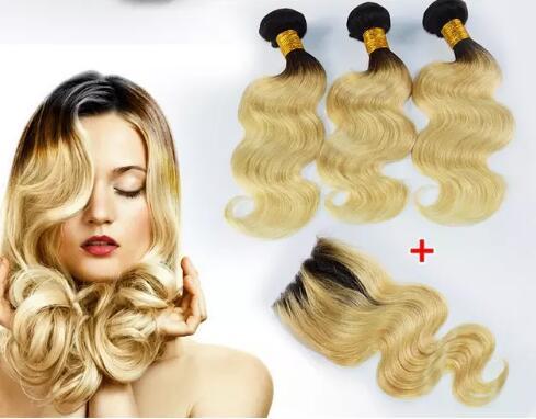 Ombre Hair Extensions #1b 613 Blonde Dark Roots Ombre Human Hair 3Pcs With 4*4'' Lace Closure Two Tone Ombre Body Wave Hair Weave