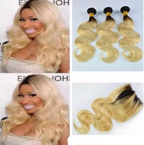 Brazilian Body Wave 1b 613 Colored Two Tone Blonde Hair Weave Dark Roots Ombre 613 Human Hair with 4x4 lace closure