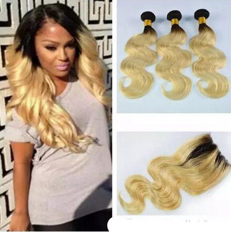 9A Virgin Brazilian Body Wave Ombre 3Bundles With Closure T#1B 613 Hair Weaves With Closure Dark Roots Blonde Hair With Closure