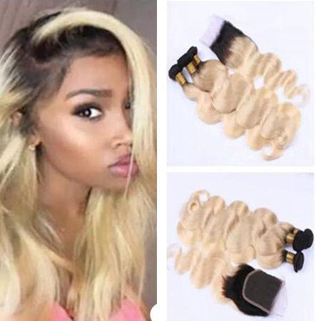 9A Unprocess Two Tone 1B 613 Ombre Brazilian Virgin Human Hair Weaves With Closure Body Wave Blonde Ombre Lace Closure With 3 Bundles