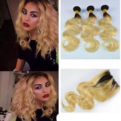 Ombre Blonde Color Body Wave Human Hair Weaves With Lace Closure Two Tone 1B 613 Hair Weft Extensions With Top Closure 4x4