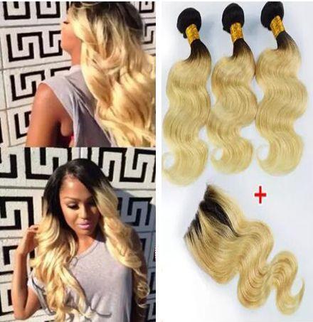 9A Grade Two Tone blonde ombre human hair bundles with closure Human Hair Weave with Lace Closure Body Wave 1b 613 hair bundles