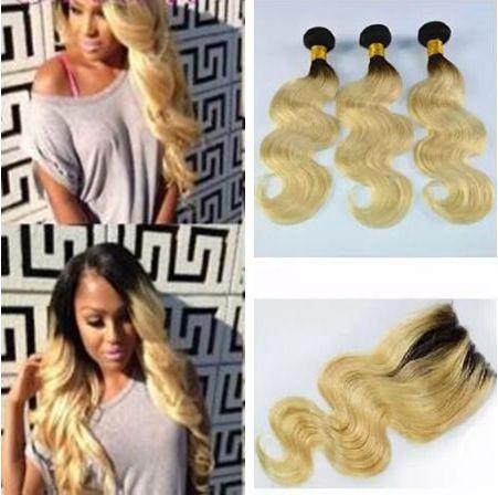 9A Blonde Ombre Hair With Closure 3Pcs Body Wave Human Hair Bundles With Closure Free Part Peruvian Virgin Hair With Closures