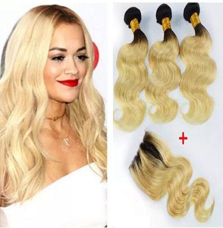 10A Ombre Peruvian Hair Body Wave With Closure Two Tone 1B 613 Blonde Dark Roots Ombre Human Hair Bundles With Lace Closure