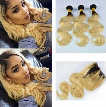 Ombre 1B 613 Dark Roots Brazilian Virgin Human Hair Extension Body Wave 3 Bundles With 4x4 Lace Closure Ombre Hair