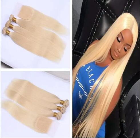 613 Blonde Peruvian Human Hair 3Bundles With 4x4 Lace Top Closure 4Pcs Lot Platinum Blonde Weaves With Closure Mink Peruvian Straight Hair