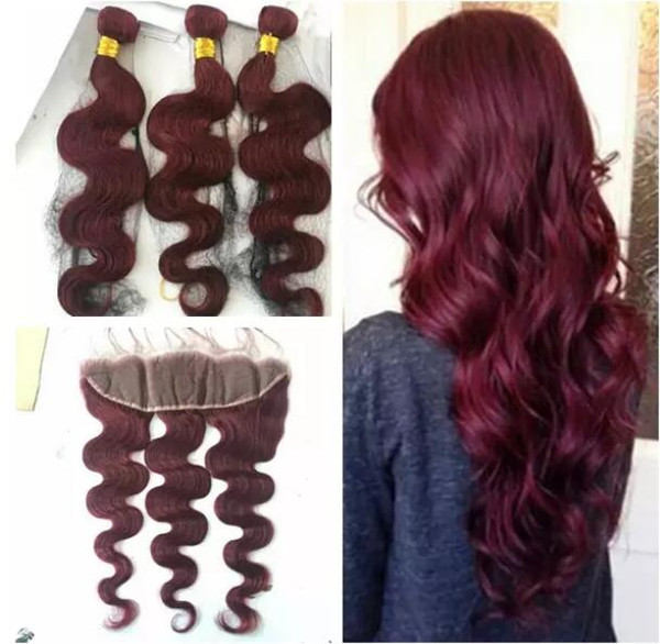 wine red hair bundles with lace frontal body wave burgundy brazilian 99j hair with ear to ear closure