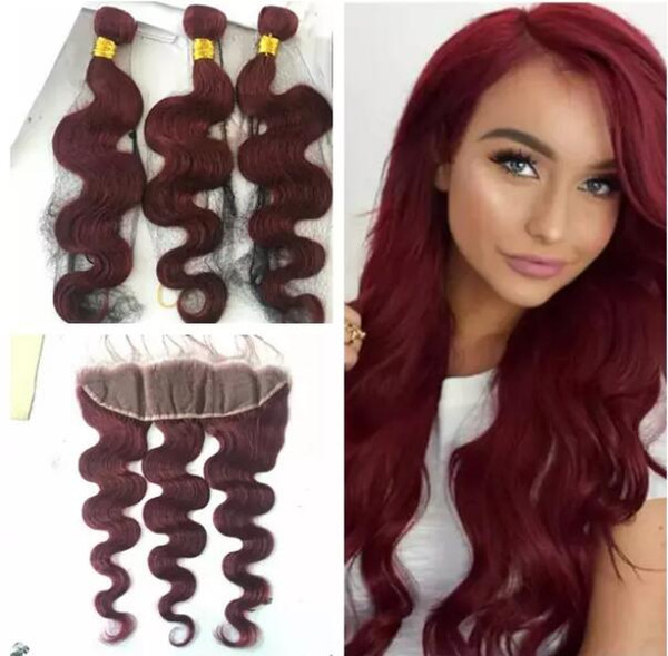 Brazilian Wine Red Hair 3 Bundles Deals with Frontal Body Wave #99J Burgundy Hair Weave Bundles with 13x4 Full Lace Frontal Closure