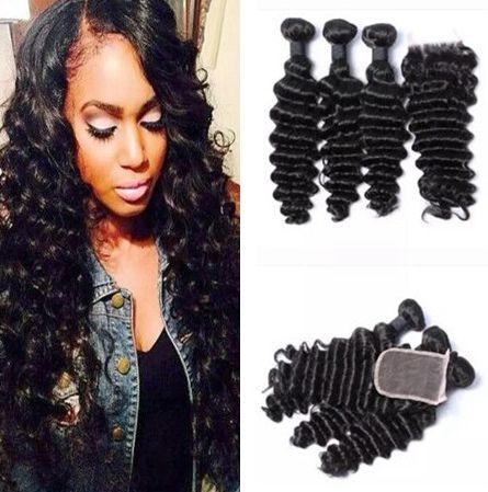 9A Mongolian Deep Wave Curly 3Bundles With Lace Closure Unprocessed Mongolian Deep Wave Mongolian Human Hair Extension With Lace Closure