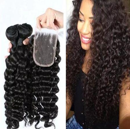 Peruvian Deep Wave and Lace Closure And Hair Weaves Peruvian Deep Curly Unprocessed Human Hair Weave 3 Bundles With Lace Closure