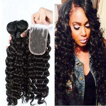 3 Bundles with Lace Closure Brazilian Virgin Hair Bundles Brazilian Deep Wave Curly Weave Hair Human Hair Bundles with Lace Closure