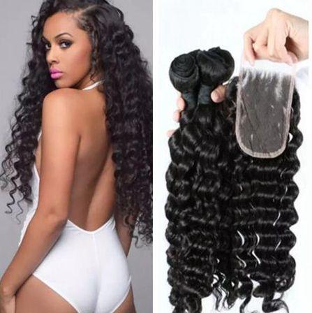 Hair Bundles With Top Closure 3 Hair Wefts and 1pc Lace Closure Malaysian Deep Curly Human Hair Weave