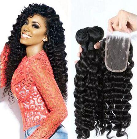 Deep Curly Brazilian Hair Bundles With Closure 4x4 Brazilian Human Hair Weft With Closure Natural Color 4pc lot