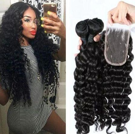 Brazilian Deep Wave Hair Bundles with Closure 10-30'' 9A Unprocessed Brazilian Virgin Hair Deep Curly Wavy Extension Weaves 4Pcs Lot