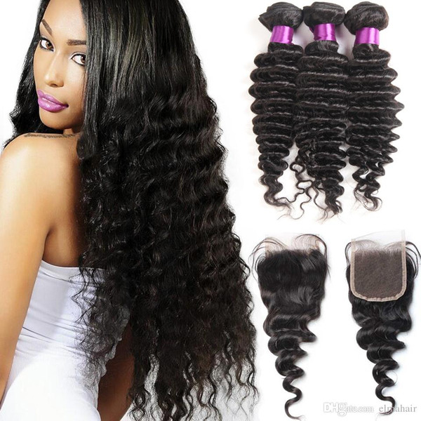 10A Grade Deep Wave Malaysian Virgin Hair 3 Bundles with Lace Closure Natural Color 100% Human Hair Wholesale Bundles Virgin Hair Hot Sell