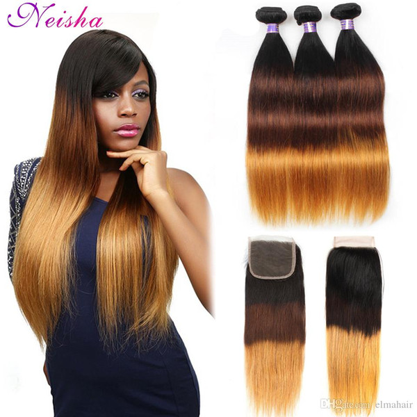 3 Tone Ombre Bundles With Closure Brazilian Virgin Ombre Straight Human Hair Extensions With 4*4 Closure 1B/4/27 Honey Blonde Hair Weave