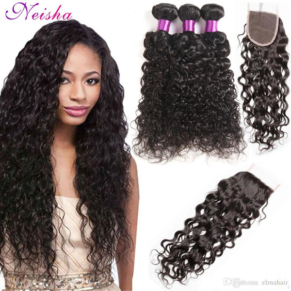 Brazilian Water Wave Hair 3 / 4 Bundles With 4x4 Closure Unprocessed Brazilian Virgin Hair With Lace Closure Bleached Knots Human Hair Weave