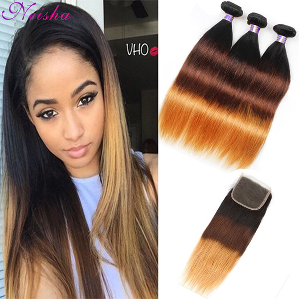 8A 3 Tone Indian Straight Ombre Hair With Lace Closure 1B/4/27 Honey Blonde Ombre Hair Extension With 4x4 Closure Virgin Straight Hair Weave