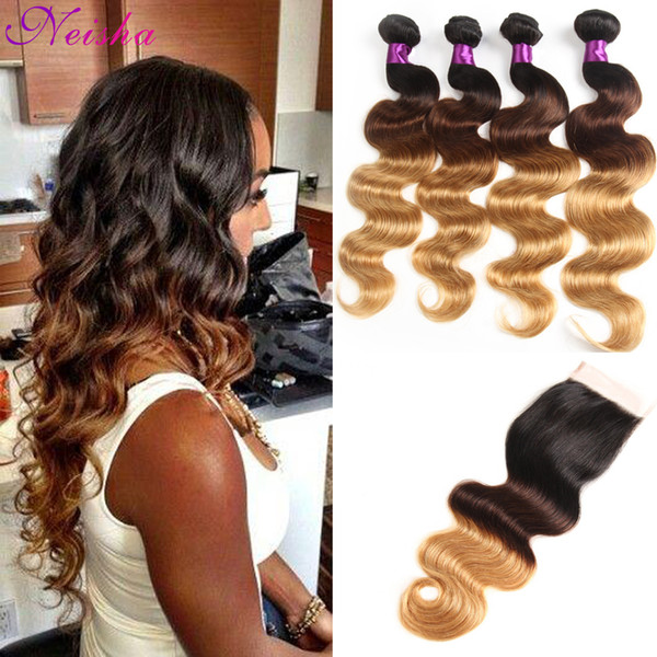 8A Grade Ombre Human Hair Weave Bundles With Closure 3 Tone Blonde 1B/4/27 Ombre Brazilian Body Wave Human Hair Extensions With Lace Closure