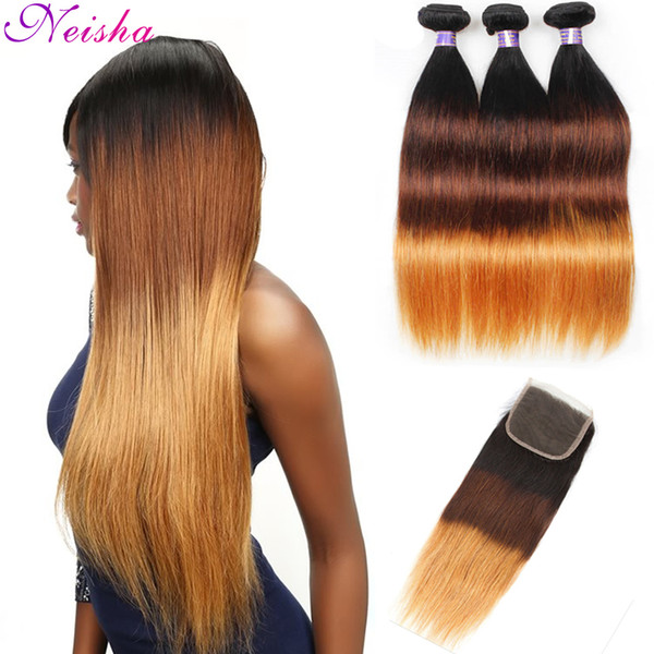 Ombre Malaysian Straight 3 Bundles With Closure 1b/4/30 Ombre Unprocessed Virgin Human Hair Bundles With Lace Closure Remy Hair Extensions