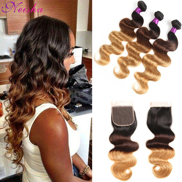 Ombre Honey Blonde Hair Weaves With Lace Closure Unprocessed Virgin Peruvian Human Hair Body Wave 3 Tone T1b//4/27 Bundles With 4x4 Closure