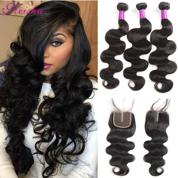 3 Bundles With Top Lace Closure 8A Unprocessed Brazilian Human Hair Weaves Malaysian Indian Peruvian Body Wave Virgin Hair With 4x4 Closures